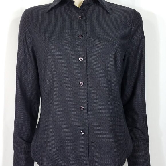 Faconnable black microdot 3-button cuff button front shirt blouse ladies Small - Picture 1 of 9